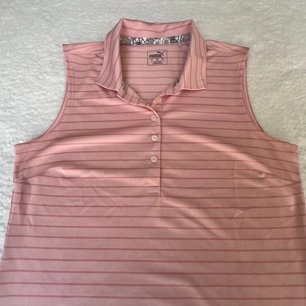 Puma Sleeveless Golf Polo Womens L Pink Striped Athletic Performance Top - Picture 2 of 7